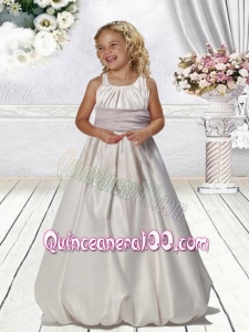 A-Line Straps Flower Girl Dress with Belt Ruching in White for 2014