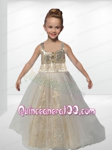 Champagne Straps Floor-length Paillette Flower Girl Dresses with A-Line