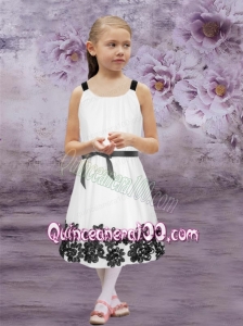 Cheap Straps Tea-length Flower Girl Dress with Appliques