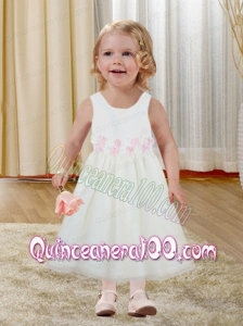 Comfortable Hand Made Flowers Scoop A-Line 2014 Flower Girl Dress with Tea-length