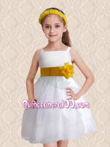 Formal A-Line Straps Flower Girl Dresses with Belt in White for 2014