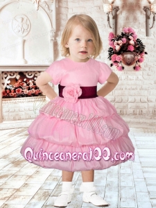 Lovely Pink Short Sleeves Tea-length Flower Girl Dress with Pick-ups