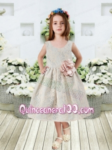 Natural Scoop Sleeveless Tea-length Flower Girl Dress with Zipper-up