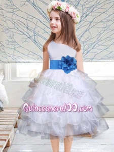 Popular Hand Made Flowers Knee-length 2014 Flower Girl Dress with Sashes and Ruffles