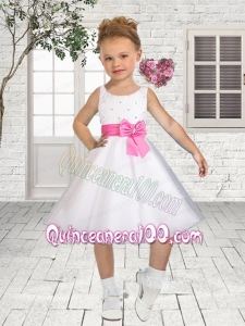 Princess Scoop Knee-length Flower Girl Dress in White with Bowknot