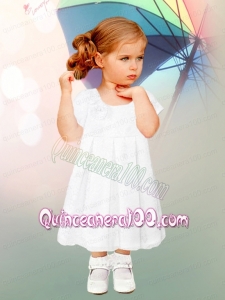 Short Sleeves A-Line Lace and Ruching Tea-length Flower Girl Dress with Scoop