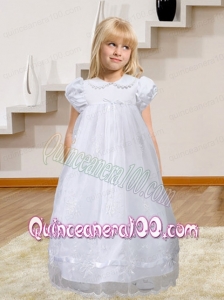 Simple A-Line Short Sleeves Appliques and Ruffles 2014 Flower Girl Dress with Floor-length