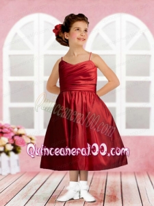 Taffeta Spaghetti Straps Tea-length Ruching Sophisticated Flower Girl Dress in Wine Red