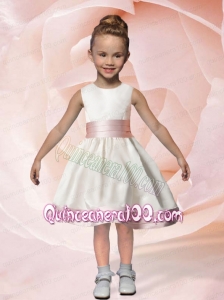 White A-Line Scoop Ribbons Knee-length Flower Girl Dress with Ribbons