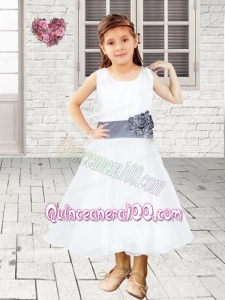 White Scoop Ankle-length Flower Girl Dress with Hand Made Flowers