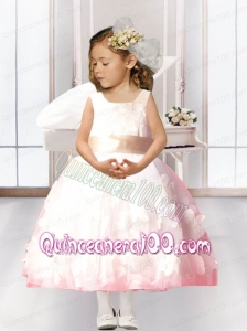 2014 Pretty Ball Gown Scoop Appliques Flower Girl Dress in Pink