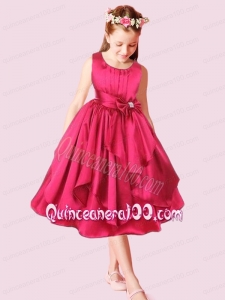 2014 Red A-Line Scoop Tea-length Bowknot Flower Girl Dresses