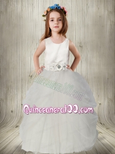 Ball Gown Scoop Flower Girl Dress with Ruching Hand Made Flowers in White for 2014