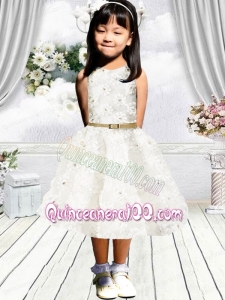 Cute A-Line Scoop Flower Girl Dress with Belt Appliques in White for 2014