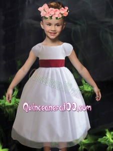 Elegant A-Line Bateau White Bowknot Flower Girl Dress with Short Sleeves 2014