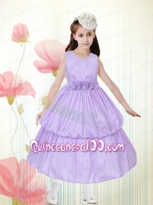 Lavender A-line Scoop Flower Girl Dress with Hand Made Flowers in Lavender for 2014