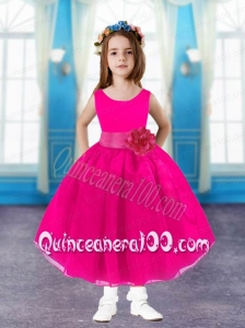Romantic Ball Gown Scoop Tea Length Flower Girl Dress in Hot Pink