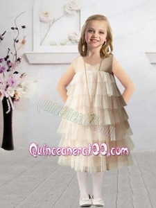 Romantic Champagne Empire Bateau Flower Girl Dress with Ruffles Layers for 2014