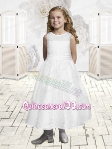 Smart White Scoop Ankle-length Flower Girl Dress with Embroidery