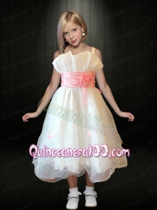 Sweet A-Line Spaghetti Straps Flower Girl Dress with Hand Made Flowers in White for 2014