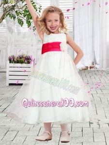 2014 Cheap A-Line Scoop Belt Flower Girl Dress with Tea-length