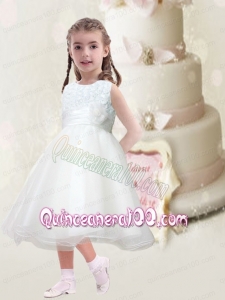 Beautiful A-Line Scoop Flower Girl Dress with Hand Made Flowers Belt in White for 2014