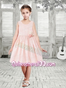 Elegant A-Line Scoop Flower Girl Dress with Hand Made Flowers in Pink for 2014