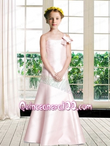 One Shoulder Floor-length Flower Girl Dress with Light Pink