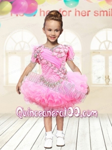 2014 Ball Gown V-neck Rose Pink Sweet Little Girl Dress with Beading