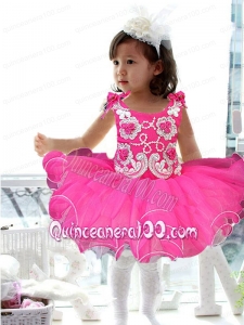 2014 Cute Straps Appliques and Ruffles Hot Pink Little Girl Dress with Bowknot