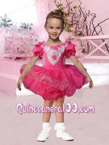 2014 V-neck Short Sleeves Beading and Appliques Hot Pink Little Girl Dress