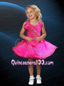 A-Line Halter Beading and Appliques Backless Little Girl Dress in Hot Pink
