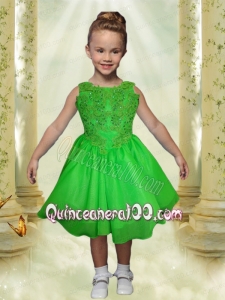 A-Line Scoop Appliques and Beading Tea-length Little Girl Dress in Spring Green