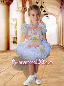 A-Line Scoop Knee-length Beading Bowknot Multi-color Short Sleeves Little Girl Dress