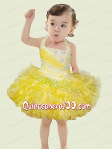 Amazing Short Halter Mini-length Yellow Beading Little Girl Dress For 2014