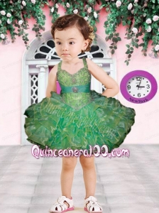 Ball Gown Halter Beading and Ruffles Mini-length Little Girl Dress in Green