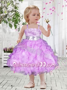 Beautiful Ball Gown Straps Hand Made Flowers Lliac Little Girl Dress with Tea-length