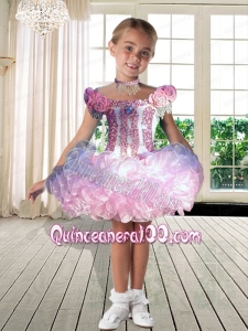 Beautiful Hand Made Flowers and Ruffles Off the Shoulder 2014 Little Girl Dress with Beading