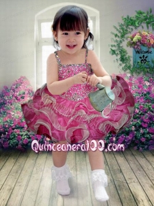Beautiful Hot Pink Beading and Ruffles Knee-length Little Girl Dress with Asymmetrical