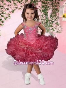 Cute Watermelon Ball Gown Spaghetti Straps Beading and Ruffles Little Girl Dress with Knee-length