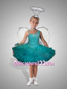 Exquisite Turquoise Asymmetrical Mini-length Beading and Ruffles Little Girl Dress for 2014