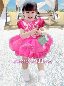 Sweet V-neck Mini-length Short Sleeves Little Girl Dress in Hot Pink