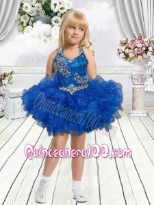 Cute Royal Blue Beading and Ruffles Mini-length Little Girl Dress with Halter