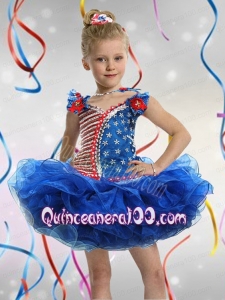 Ball Gown Square Mini-length Beading and Appliques Blue Little Girl Dress