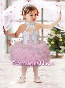 Beautiful Ball Gown Halter Tea-length Beading Ruffles Pink Little Girl Dress