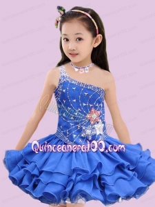 Beautiful Royal Blue One Shoulder Beading and Ruffles Little Girl Dress for 2014