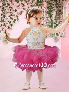 Cute Ball Gown Halter Knee-length Beading Ruffles White and Hot Pink Little Girl Dress