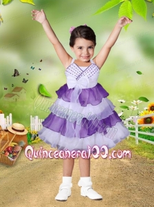 Elegant A-Line Straps Knee-length Bowknot Ruffled Layers Purple and White Little Girl Dress