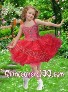 Exquisite Ball Gown Halter Beading and Ruffles Red Little Girl Dress for 2014