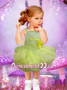 Exquisite Spaghetti Straps Appliques and Ruffles Tea-length Yellow Green Little Girl Dress
